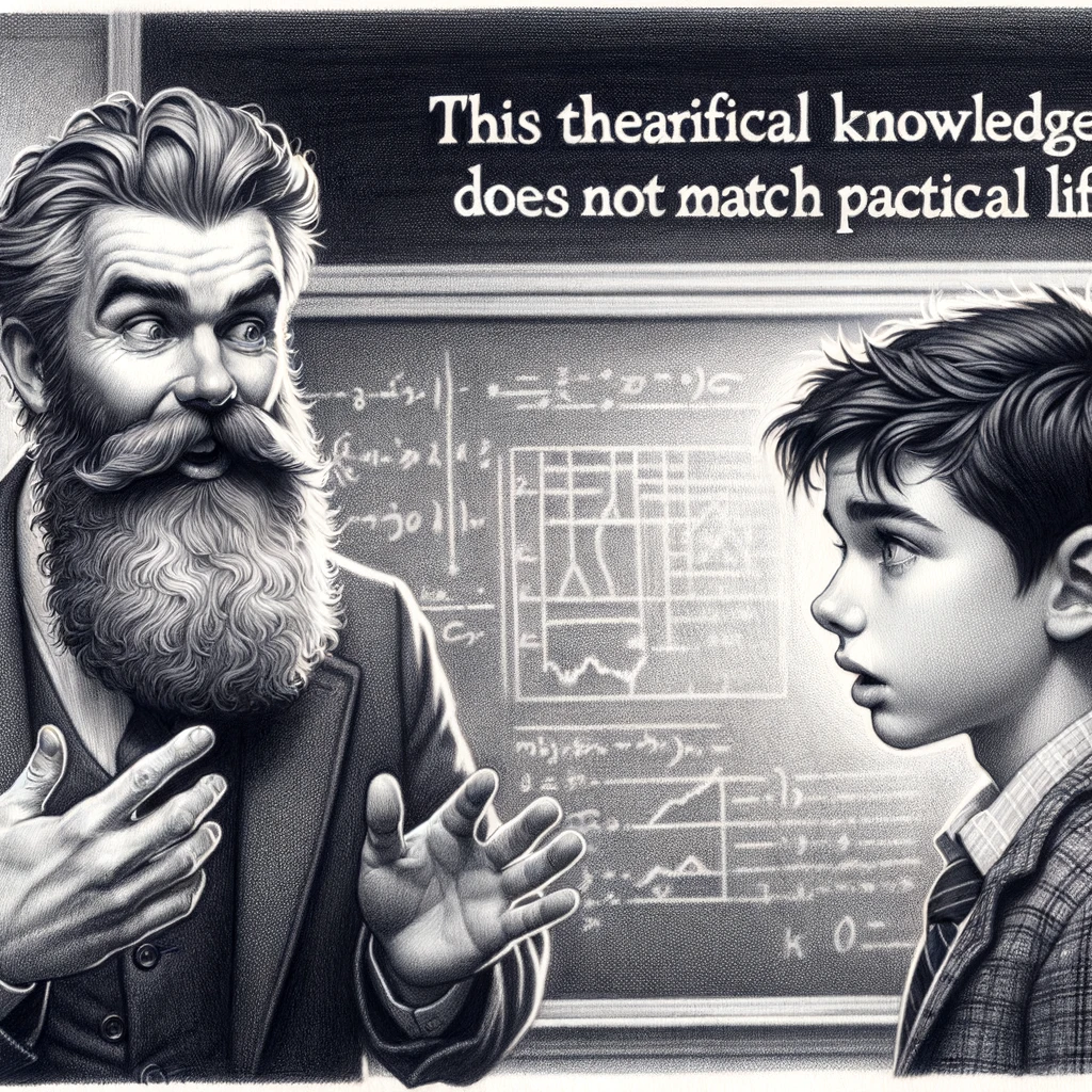 Бородатый студент объясняет молодому преподавателю что его теоретические знания не соответствуют практике в реальной жизни